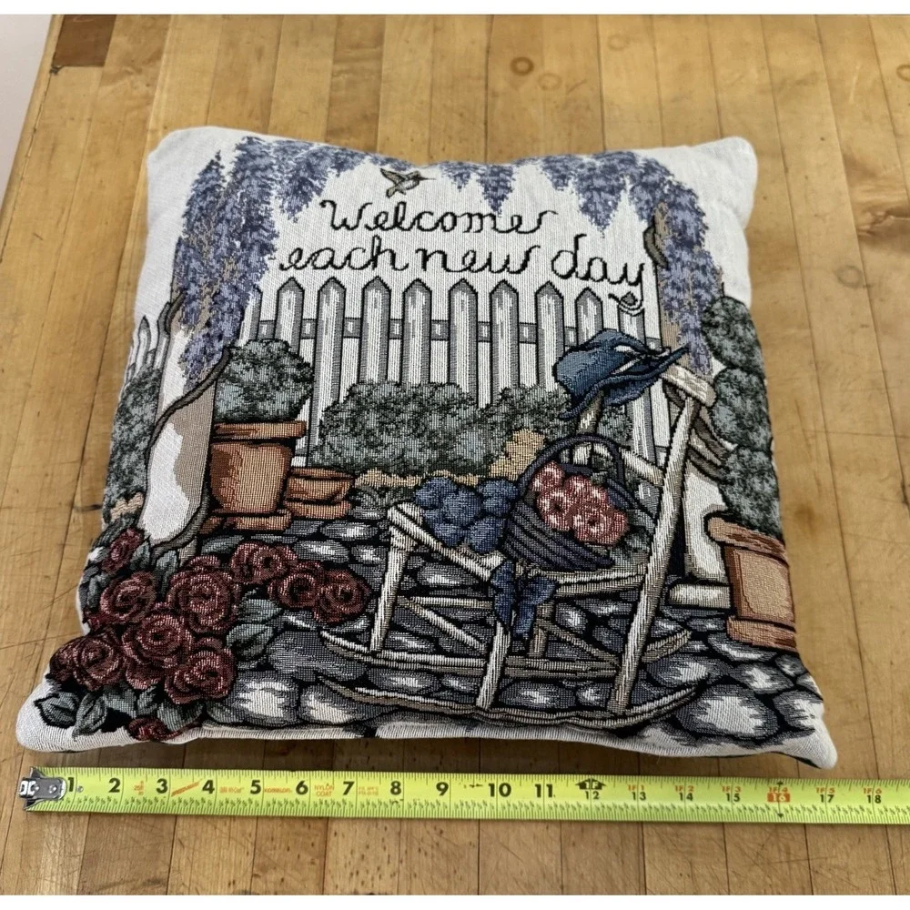 Cottage Garden Tapestry Pillow Welcome Each New Day Springtime Gift For Gardener